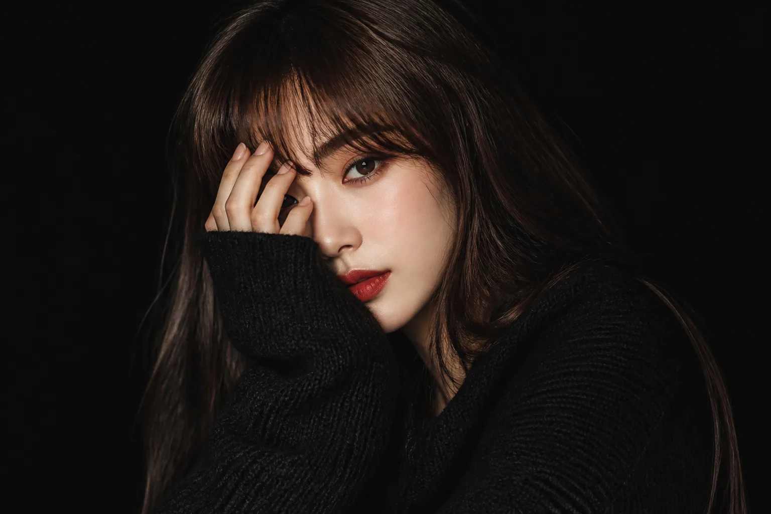 Ultra-realistic fashion beauty portrait of a stylish young woman with long silky dark-brown hair and soft cur… - AI prompt reference from CC Prompt Galaxy