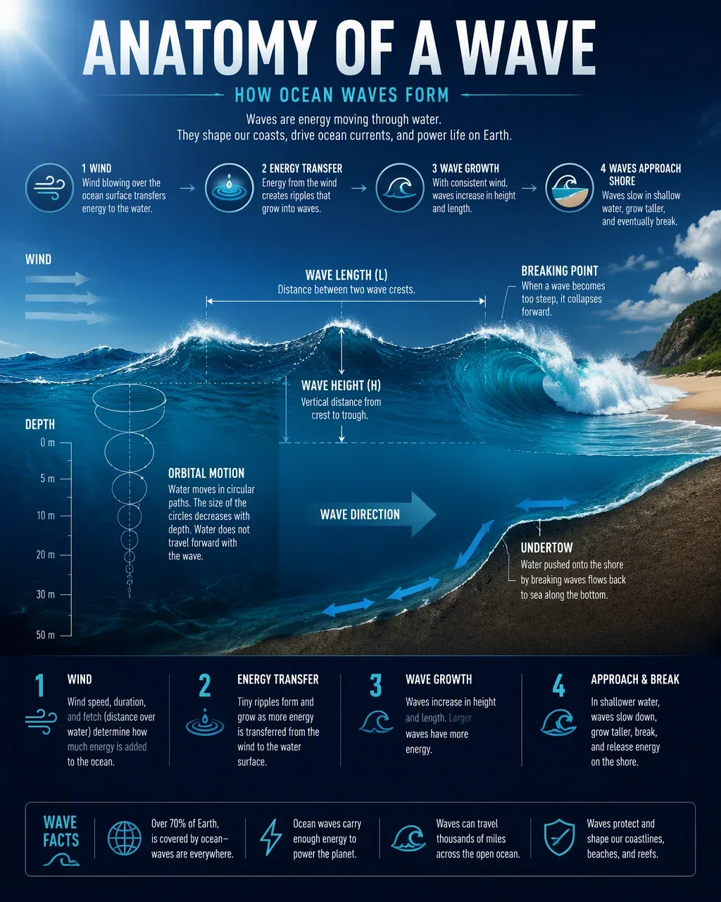 Create a clean premium infographic poster explaining "How Ocean Waves Form". FORMAT: 4:5 vertical, modern sci… - AI提示词参考图，来自西西提示词