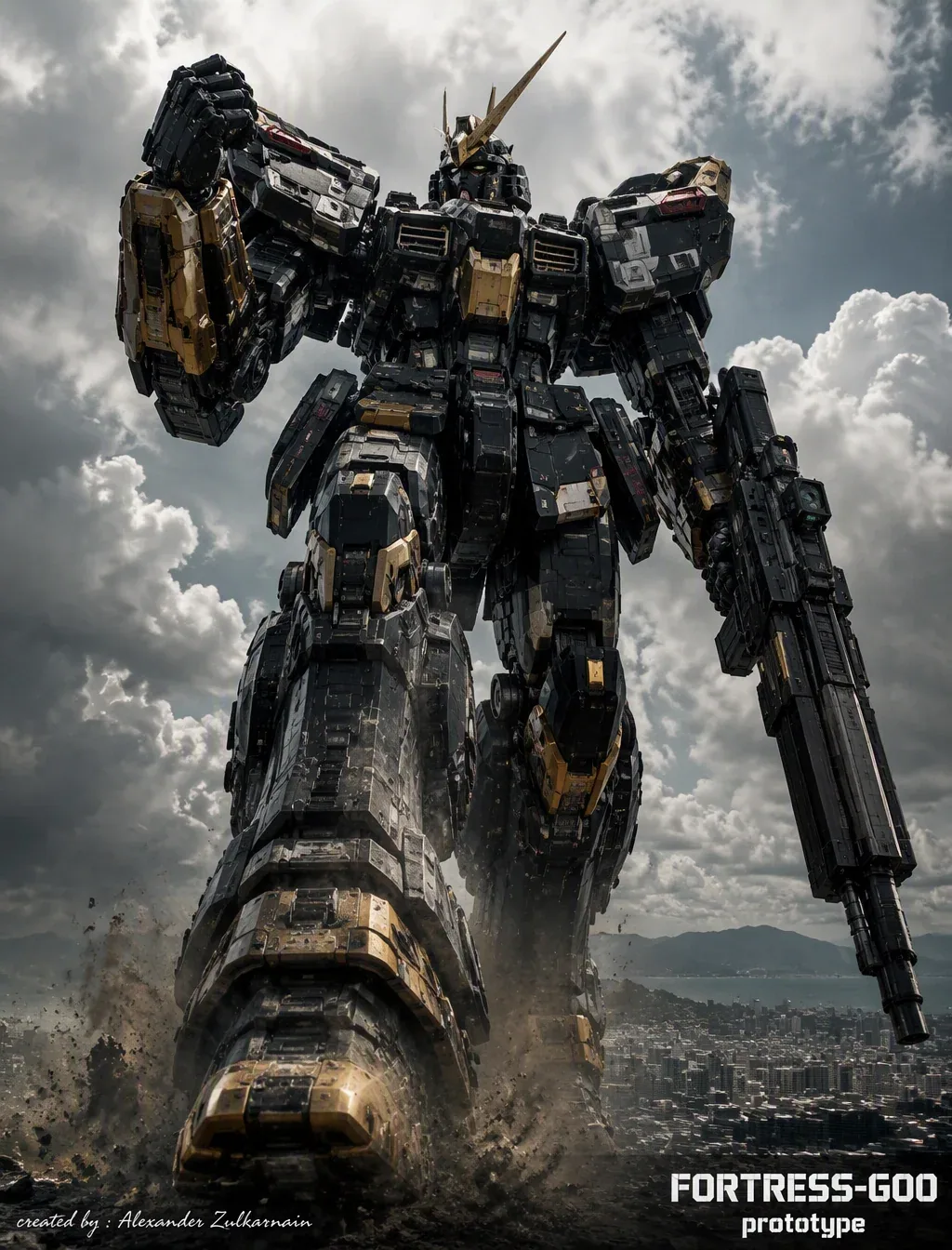 A colossal bipedal mecha robot walking directly toward the camera, viewed from an extreme low worm's-eye angl… - AI提示词参考图，来自西西提示词