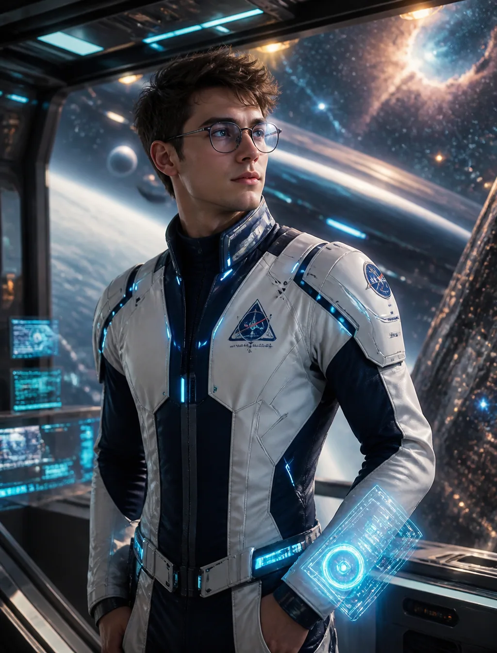 Ultra-realistic cinematic portrait of the same young man as a futuristic space explorer in the year 2256. He … - AI提示词参考图，来自西西提示词