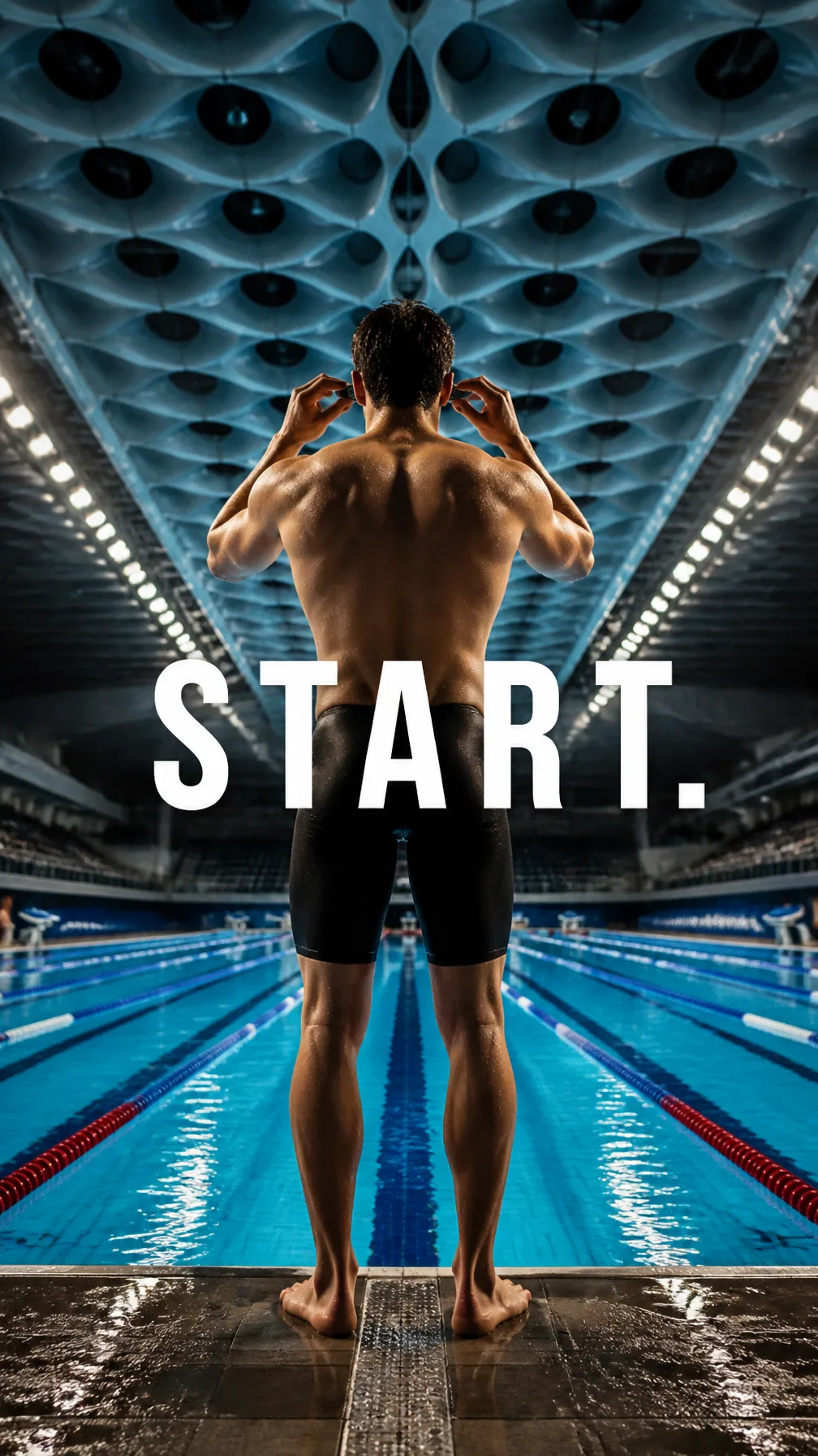 Create a premium 9:16 sports editorial.Main Subject: Young male swimmer standing at the edge of an Olympic po… - AI提示词参考图，来自西西提示词