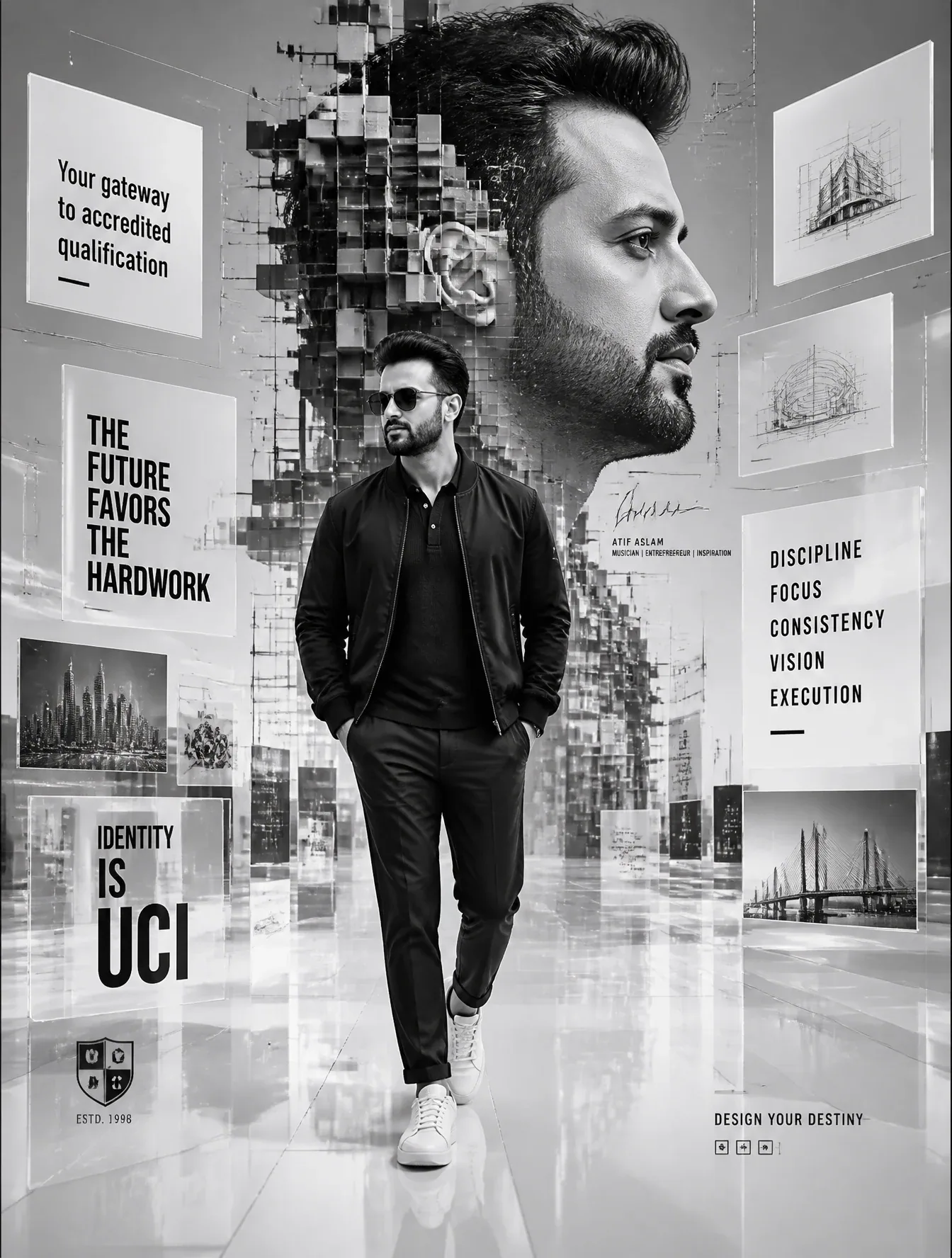 A futuristic monochrome motivational digital artwork featuring a man resembling *Atif Aslam* walking forward … - AI prompt reference from CC Prompt Galaxy