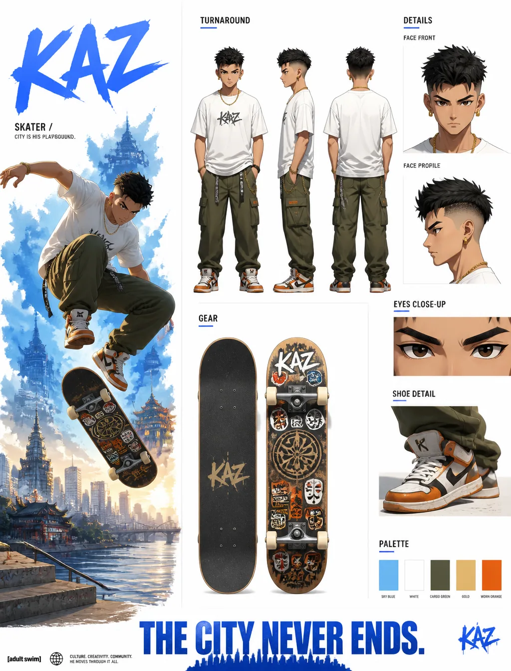 Create a premium cinematic character bible sheet for KAZ in a cinematic dawn at a riverside skate spot with a… - AI提示词参考图，来自西西提示词