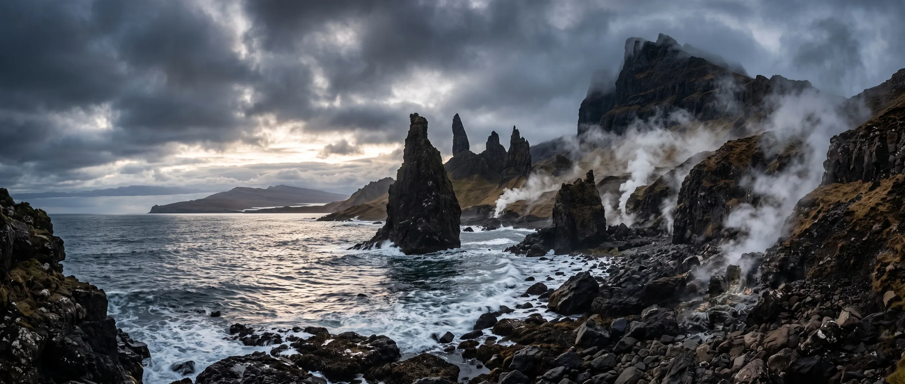 Cinematic landscape of dramatic Scottish Isle of Skye with sea stacks, soft reflected light from water surfac… - AI提示词参考图，来自西西提示词