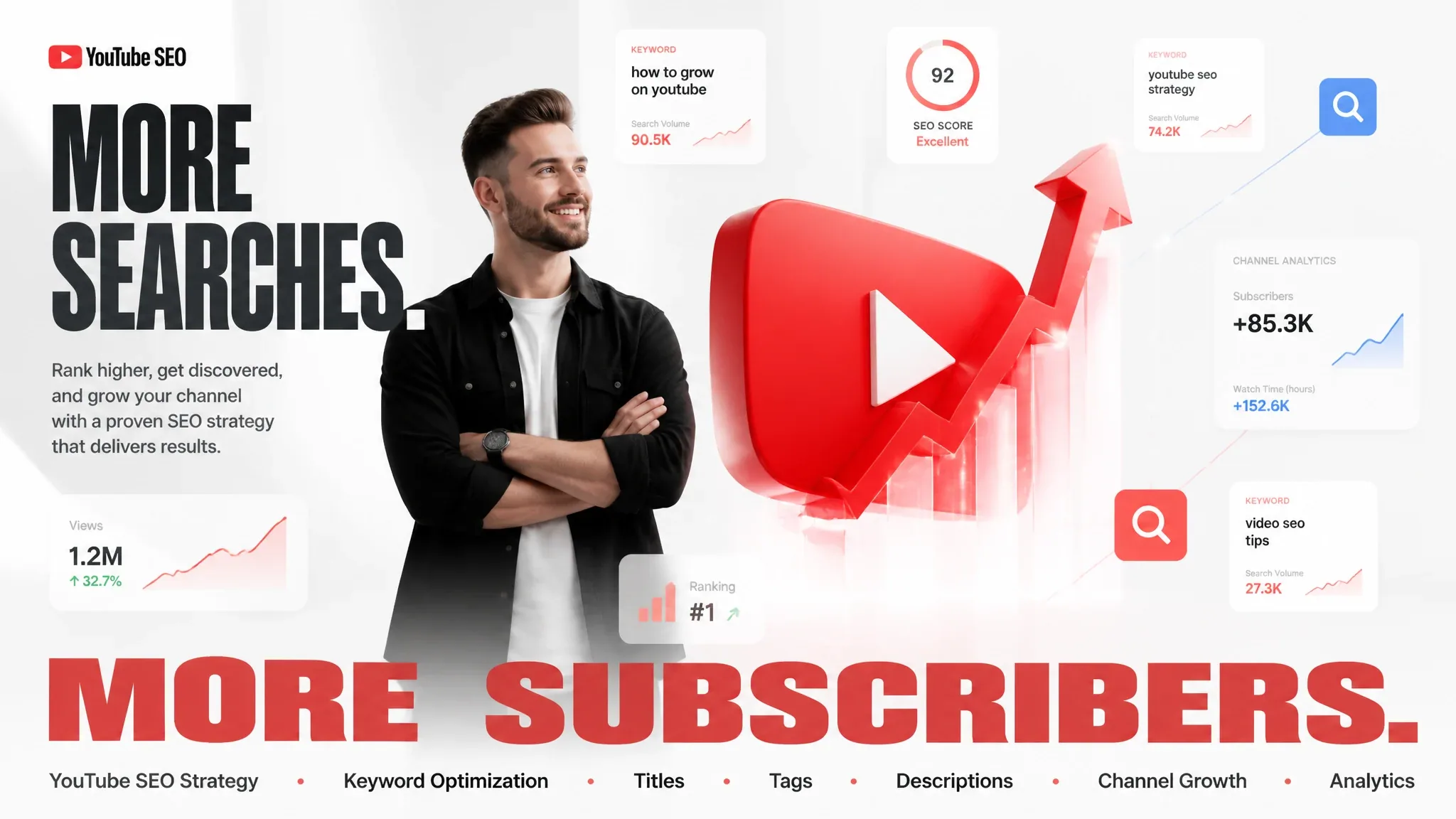 16:9 aspect ratio. Elegant minimalist advertising composition featuring a successful YouTube creator standing… - AI提示词参考图，来自西西提示词