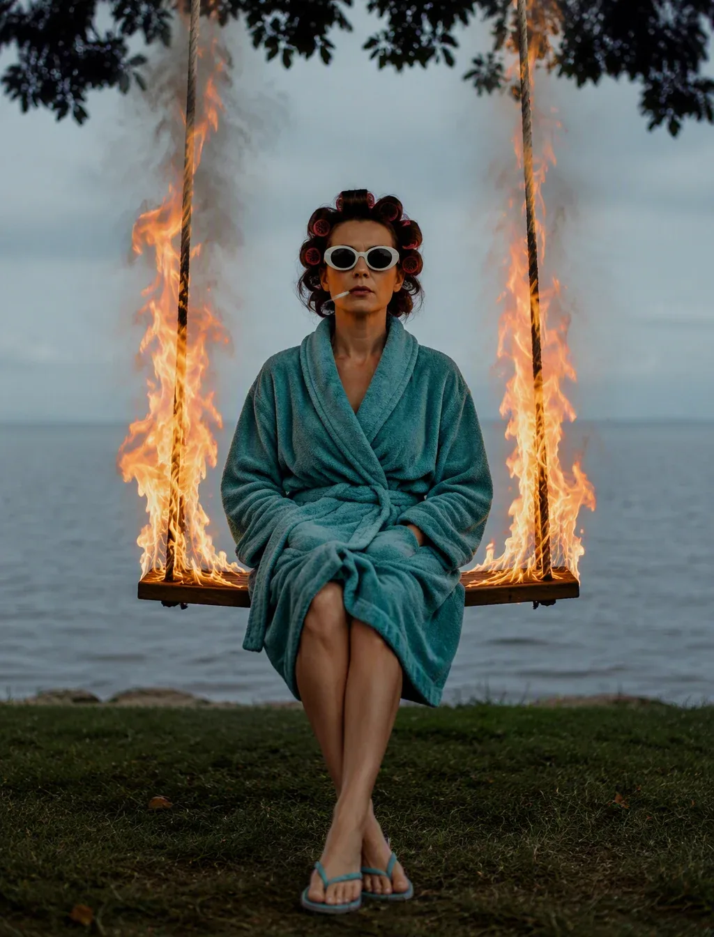 A woman sits motionless on a wooden swing above a grassy shoreline, wearing a teal terry-cloth robe, oversize… - AI提示词参考图，来自西西提示词