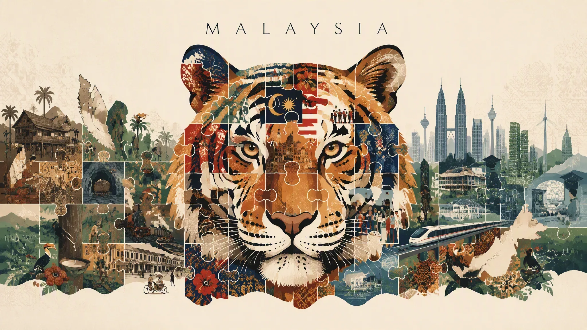 MASTER PROMPT — LANDSCAPE MERDEKA POSTERMALAYSIA — “MANY PIECES, ONE MALAYSIA”Create a sophisticated, competi… - AI提示词参考图，来自西西提示词