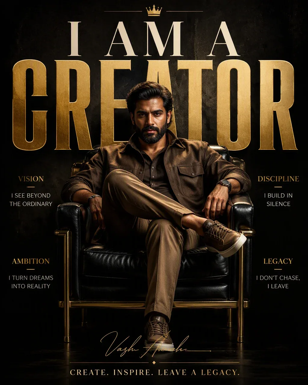 Ultra-premium cinematic motivational poster, vertical 4:5 format, powerful charismatic man with thick dark ha… - AI提示词参考图，来自西西提示词