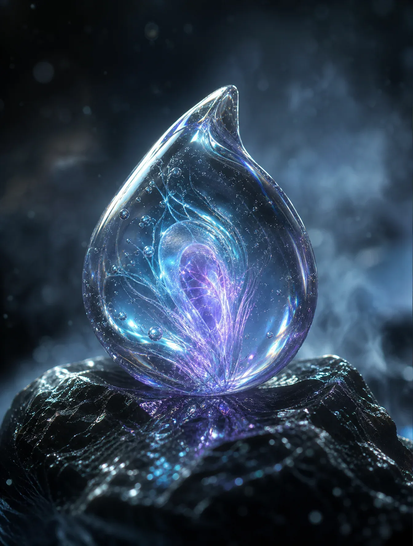 A mysterious alien seed resting on polished black obsidian, crafted entirely from transparent liquid glass wi… - AI提示词参考图，来自西西提示词