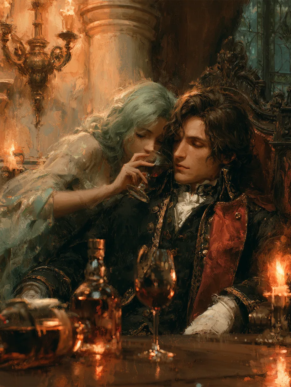 A gothic anime-styled pair reclines together in an ornate dark interior: a pale, green-haired woman in a flow… - AI提示词参考图，来自西西提示词