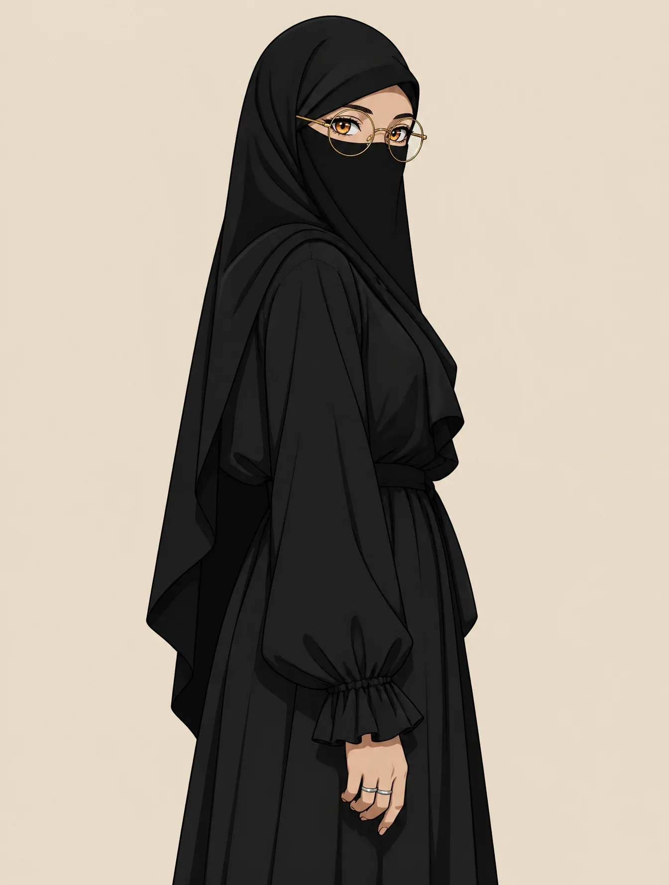 An elegant woman stands in a three-quarter profile wearing a matte black niqab and abaya, featuring clean vec… - AI提示词参考图，来自西西提示词