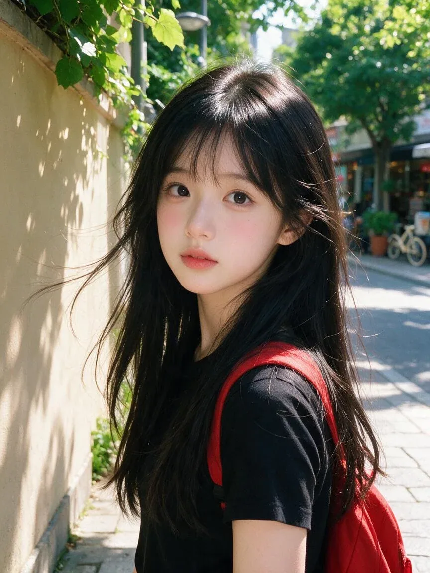 Beautiful young Japanese girl with long silky black hair and soft wispy bangs, large expressive dark eyes, fa… - AI prompt reference from CC Prompt Galaxy