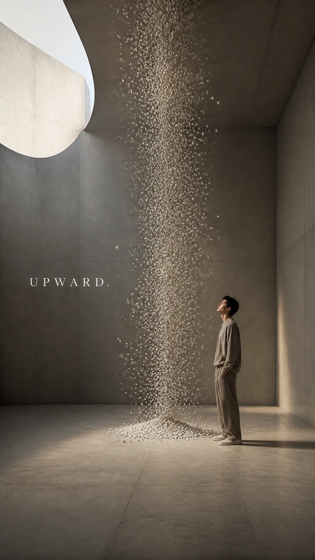 Premium editorial campaign.Main Subject:Young man standing inside a minimalist concrete room.Creative Directi… - AI prompt reference from CC Prompt Galaxy