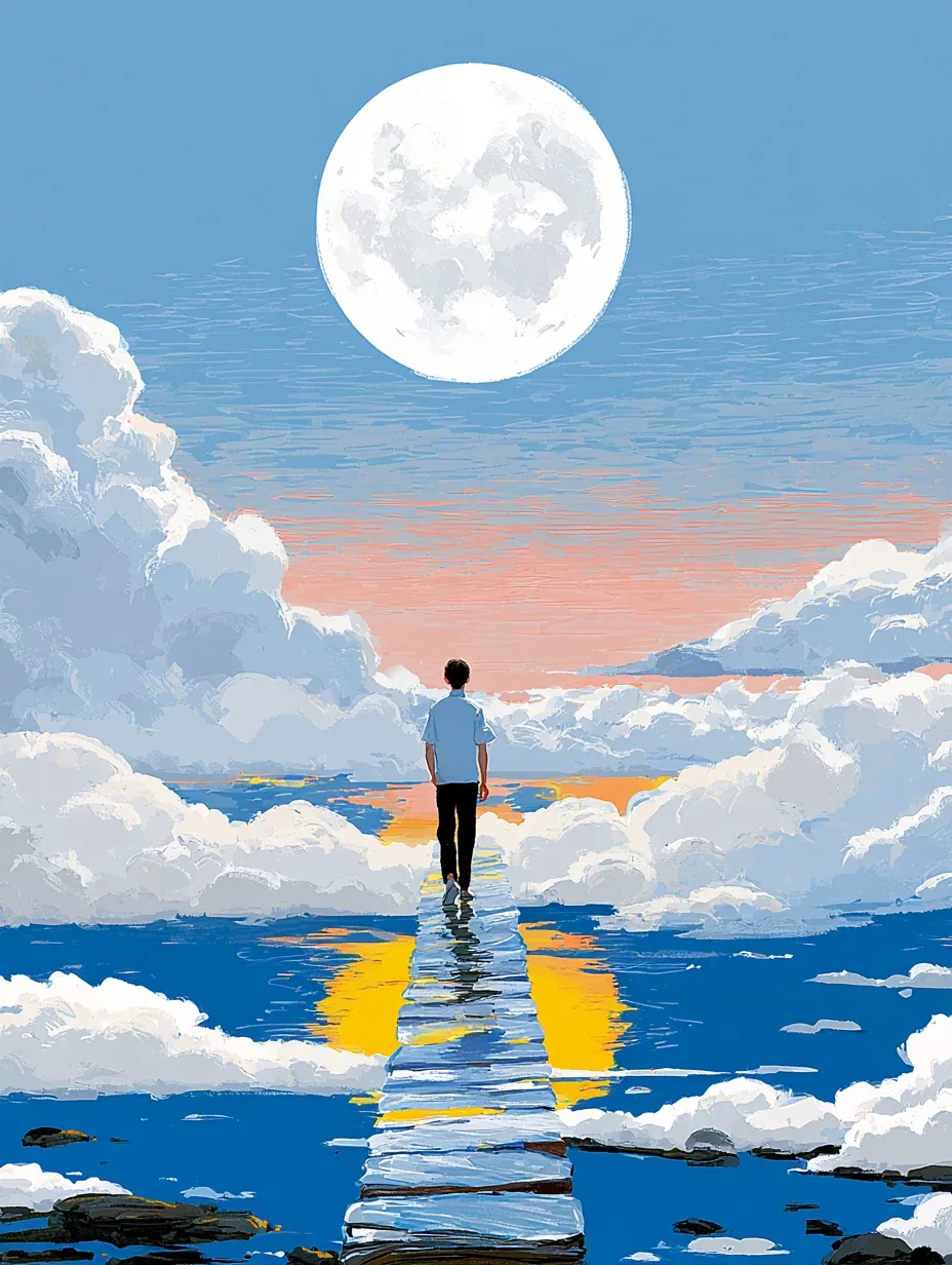 a lone figure walking across a translucent rainbow bridge leading to a giant glowing moon, reflective clouds … - AI提示词参考图,来自西西提示词