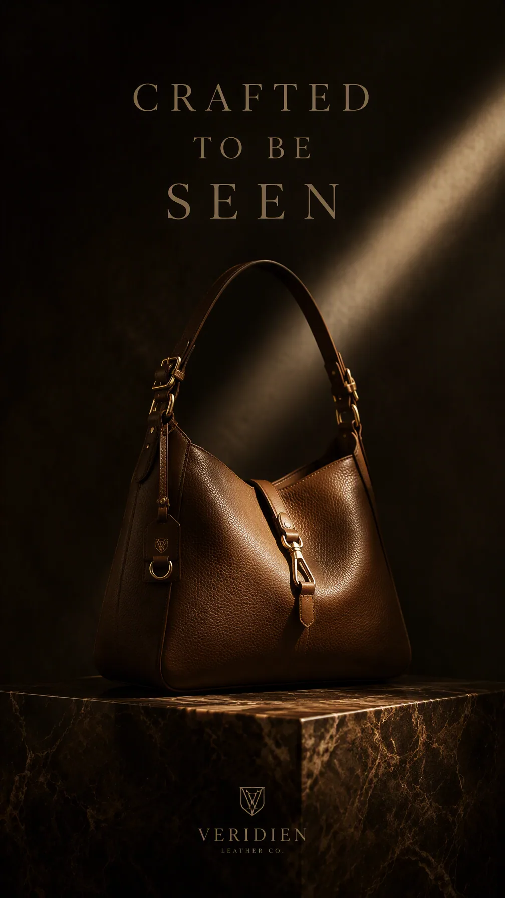 Premium 4:5 advertising poster for a luxury leather goods brand. A single leather handbag resting upright on … - AI提示词参考图,来自西西提示词