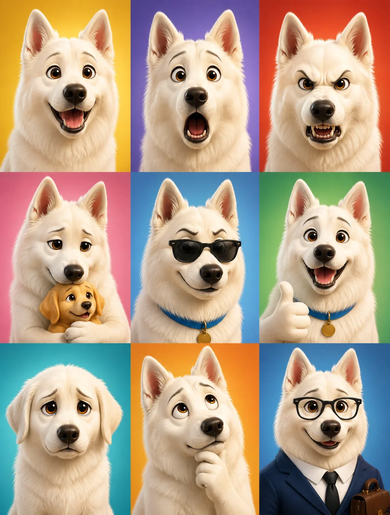 3D cartoon avatar character showing different emotions arranged in a 3x3 grid, same male/female character, Pi… - AI提示词参考图，来自西西提示词