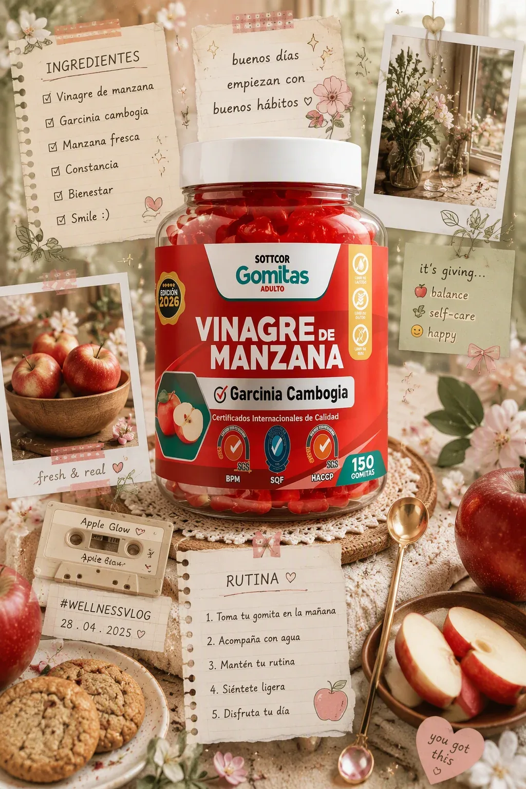 Cozy wellness journal aesthetic, apple cider vinegar gummy jar (imagen de referencia del producto) as the cen… - AI prompt reference from CC Prompt Galaxy