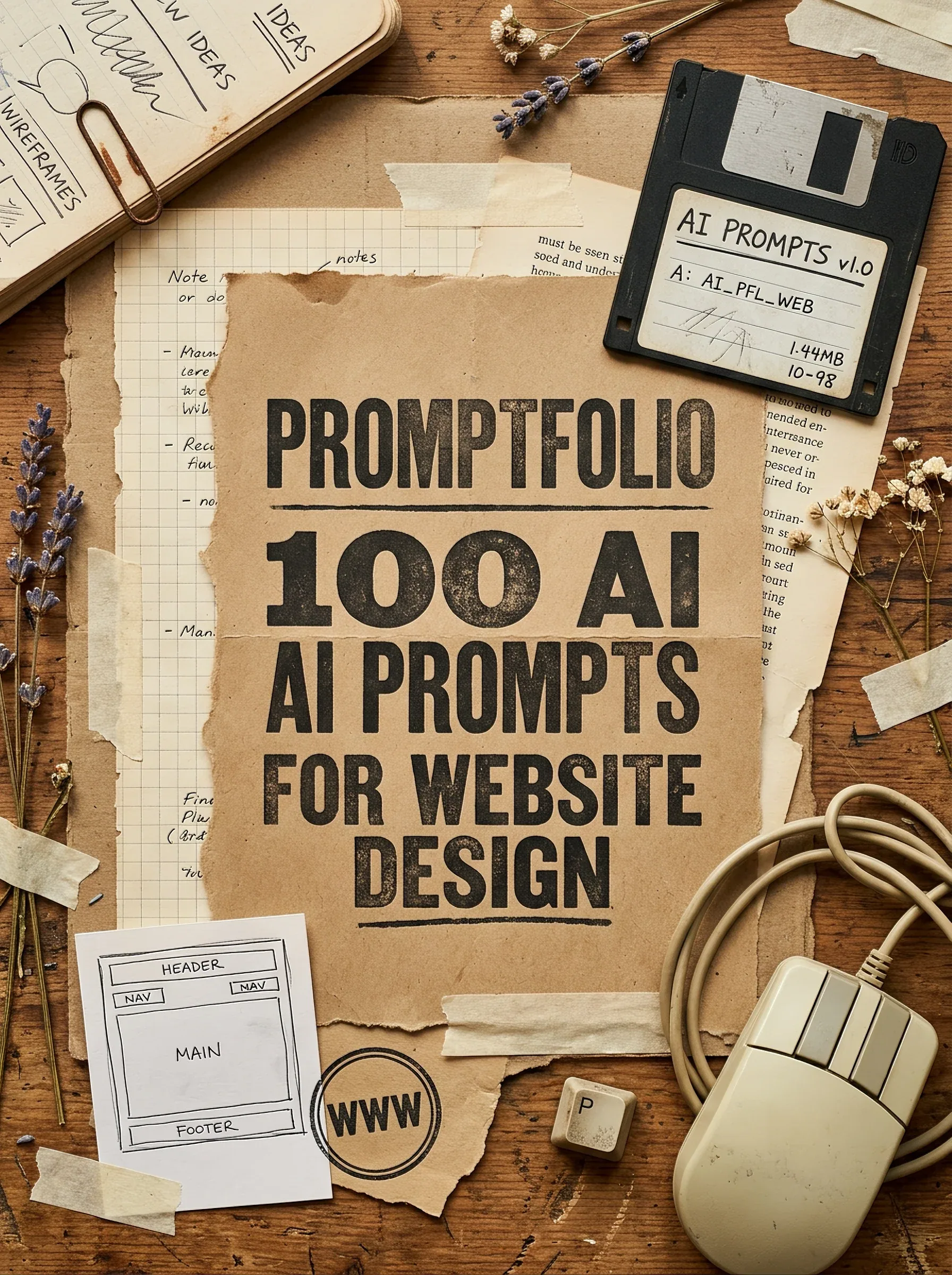A vintage desktop collage presents a torn kraft-paper poster reading “Promptfolio,” “100 AI Prompts,” and “Fo… - AI prompt reference from CC Prompt Galaxy