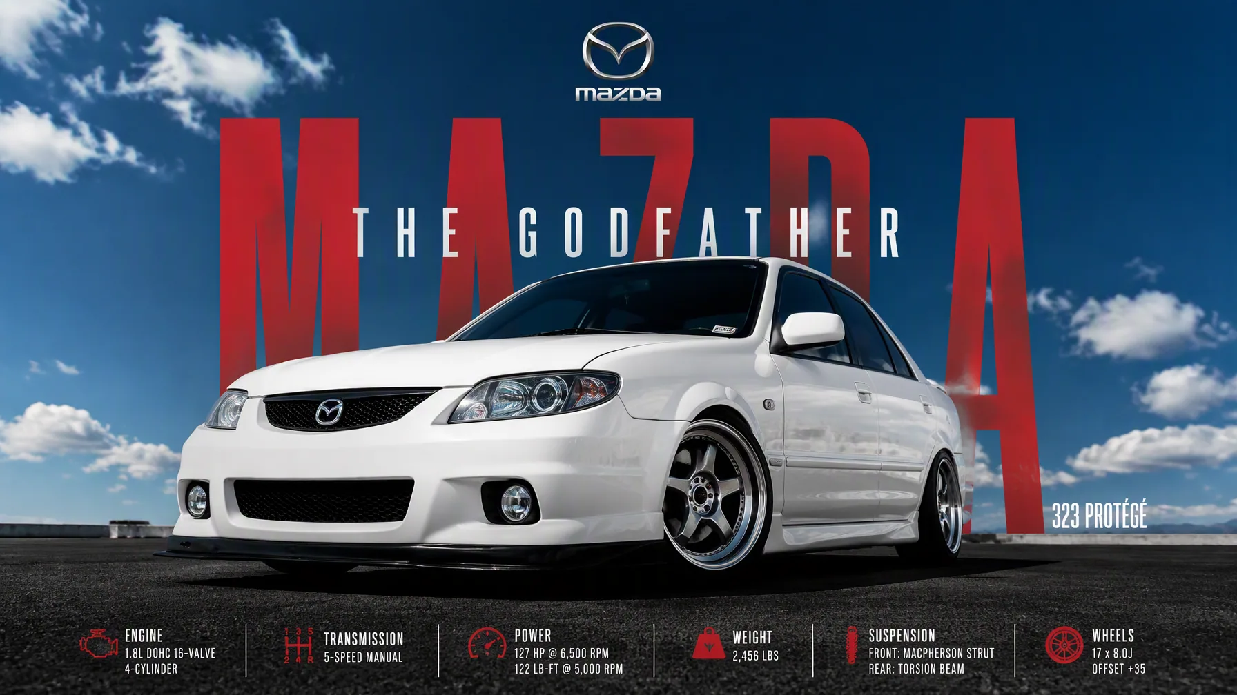 A modified white Mazda 323 Protegé sits stationary on coarse black asphalt, photographed from an imposing low… - AI提示词参考图，来自西西提示词