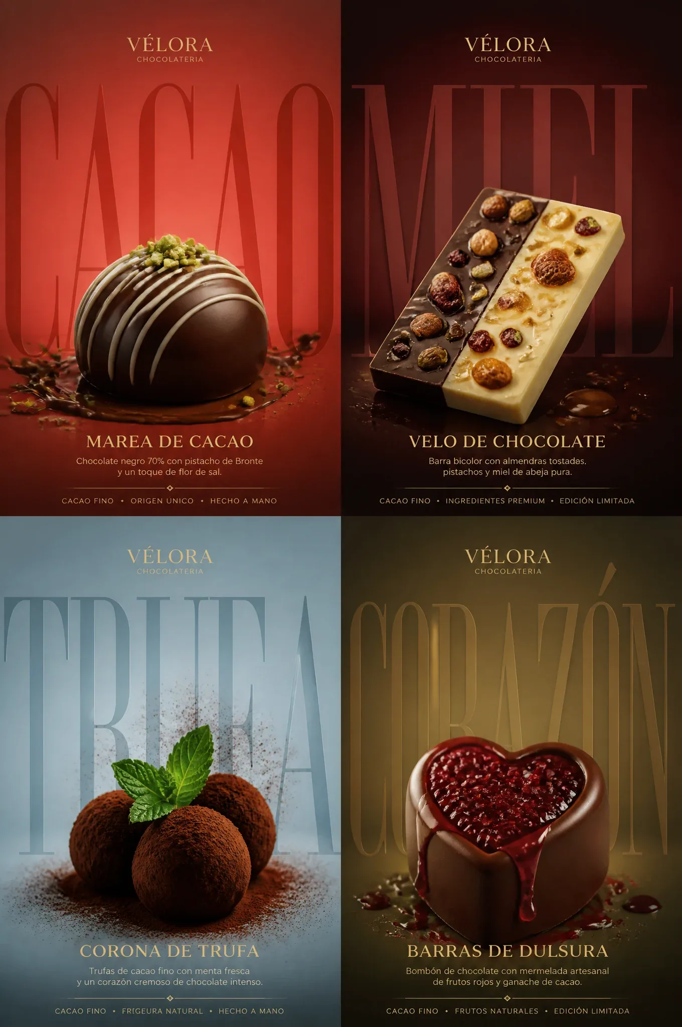 Crea un póster publicitario horizontal de cuatro paneles (2x3) de alta gama para una marca de chocolates arte… - AI提示词参考图，来自西西提示词