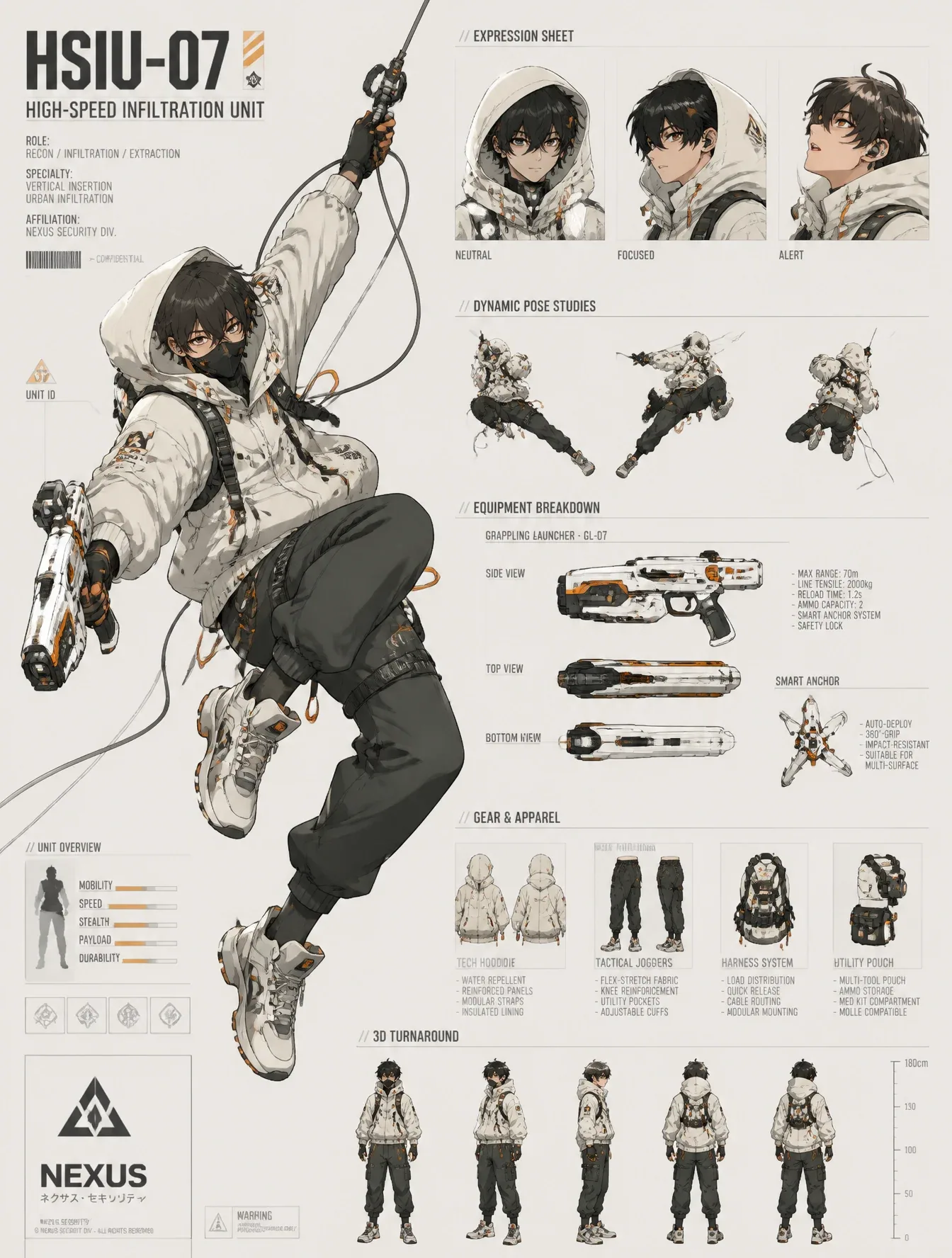 A dynamic character concept sheet showcases a "High-Speed Infiltration Unit" in a mid-air grappling pose, uti… - AI提示词参考图，来自西西提示词