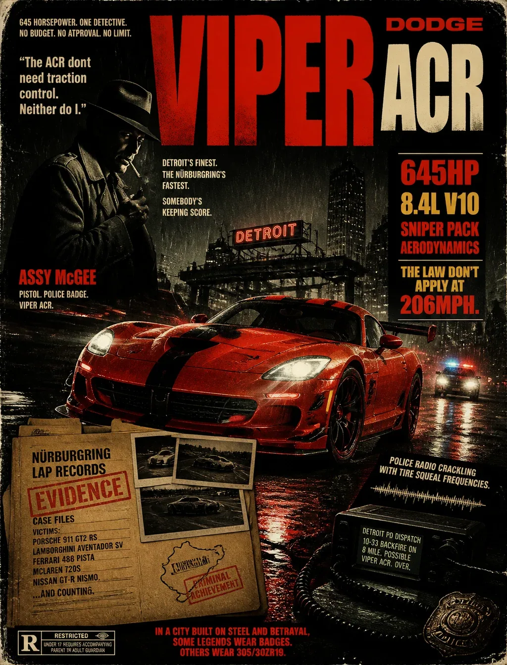 Create a film-noir premium automotive poster of Dodge Viper ACR in Assy McGee cop-drama style — the 645HP V10… - AI提示词参考图，来自西西提示词