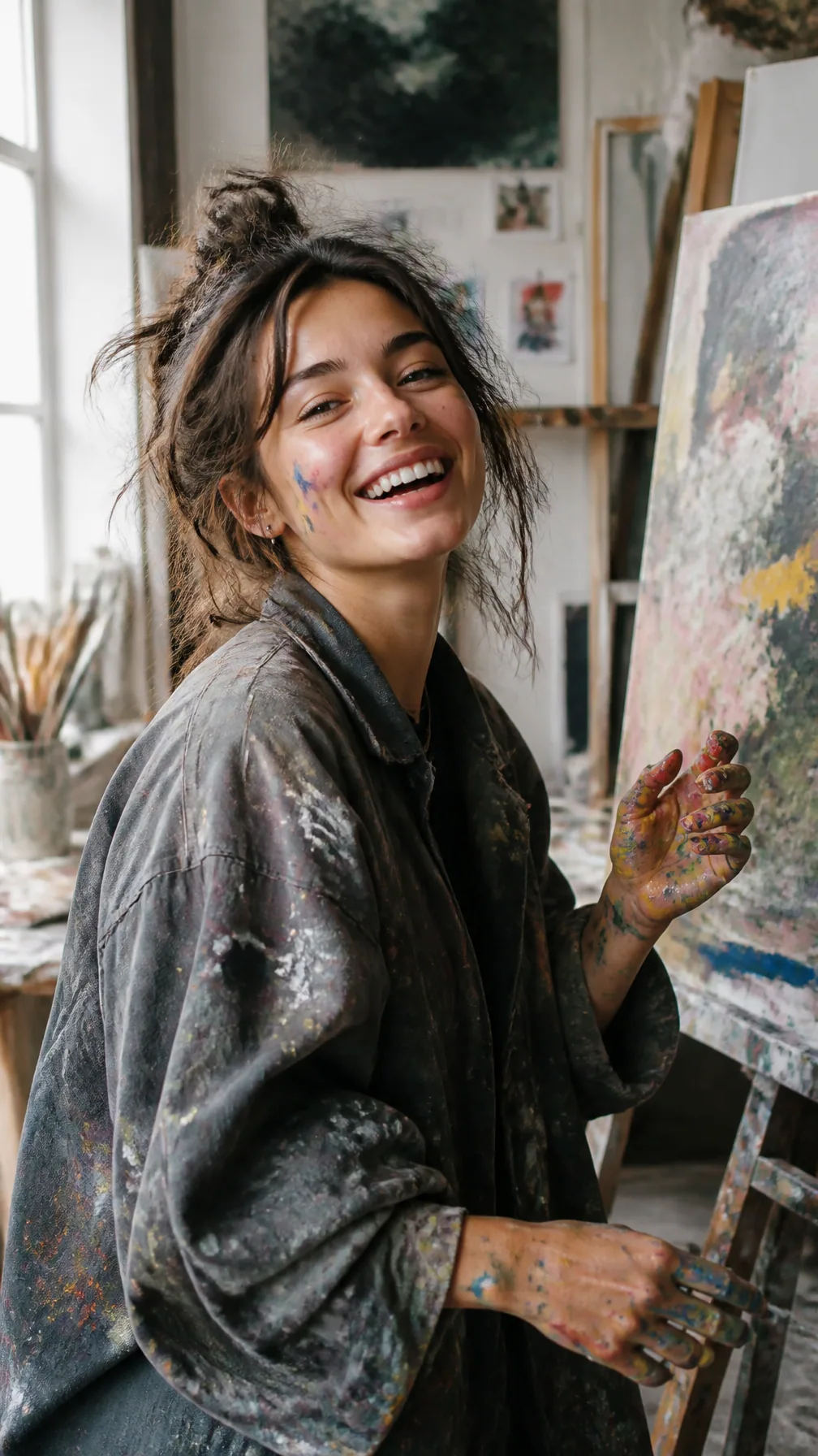 A young artist with paint-splattered hands and colourful oil paint smudges on their clothes, wearing a oversi… - AI提示词参考图，来自西西提示词