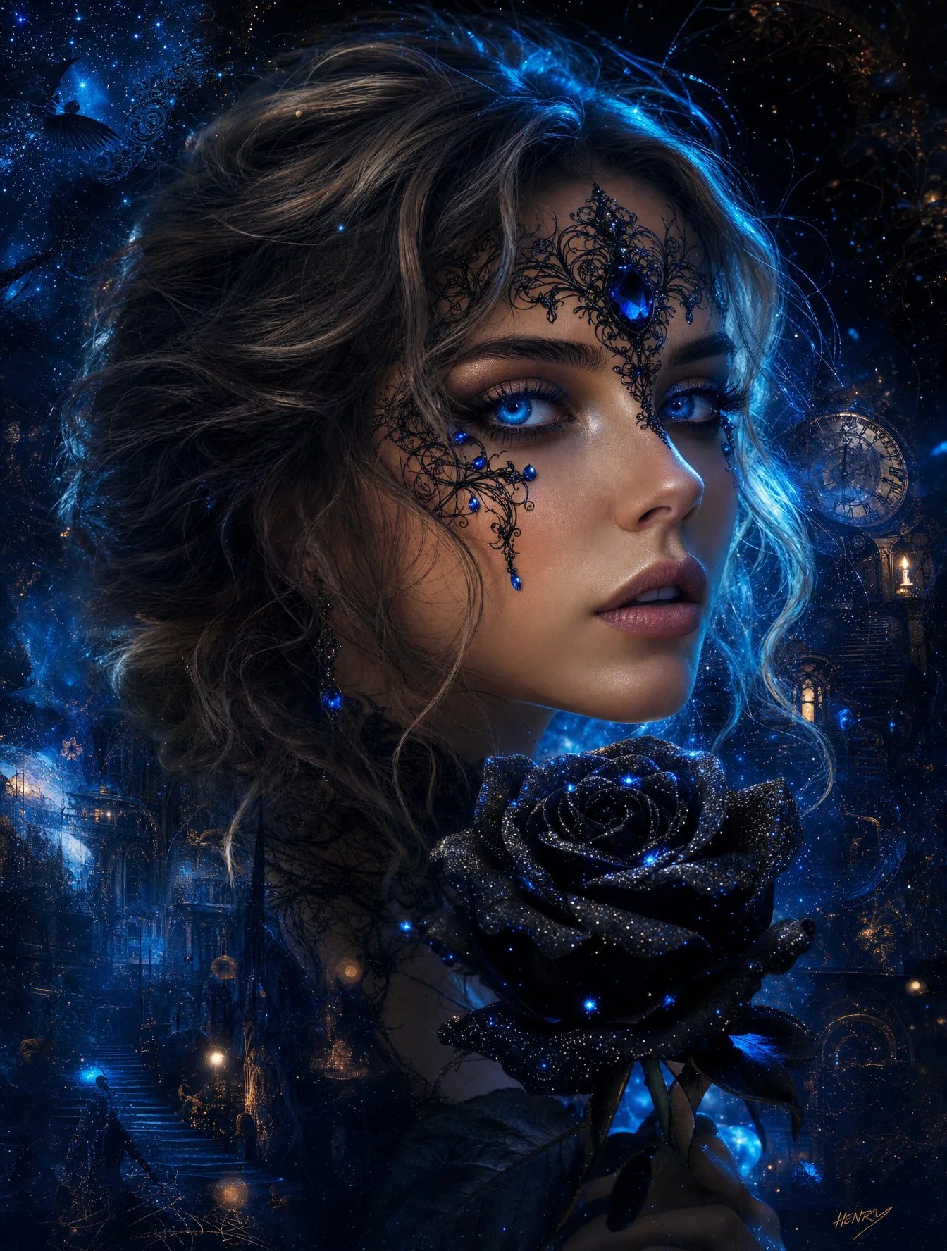 A beautiful young woman [image1] with long, wavy blonde-highlighted hair, featuring striking piercing blue ey… - AI提示词参考图，来自西西提示词