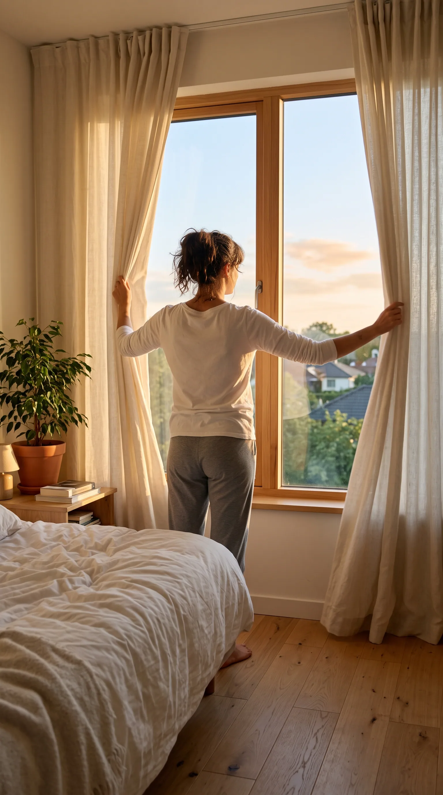 Photorealistic cinematic morning scene, a young person waking up in a clean bright bedroom, opening the curta… - AI prompt reference from CC Prompt Galaxy