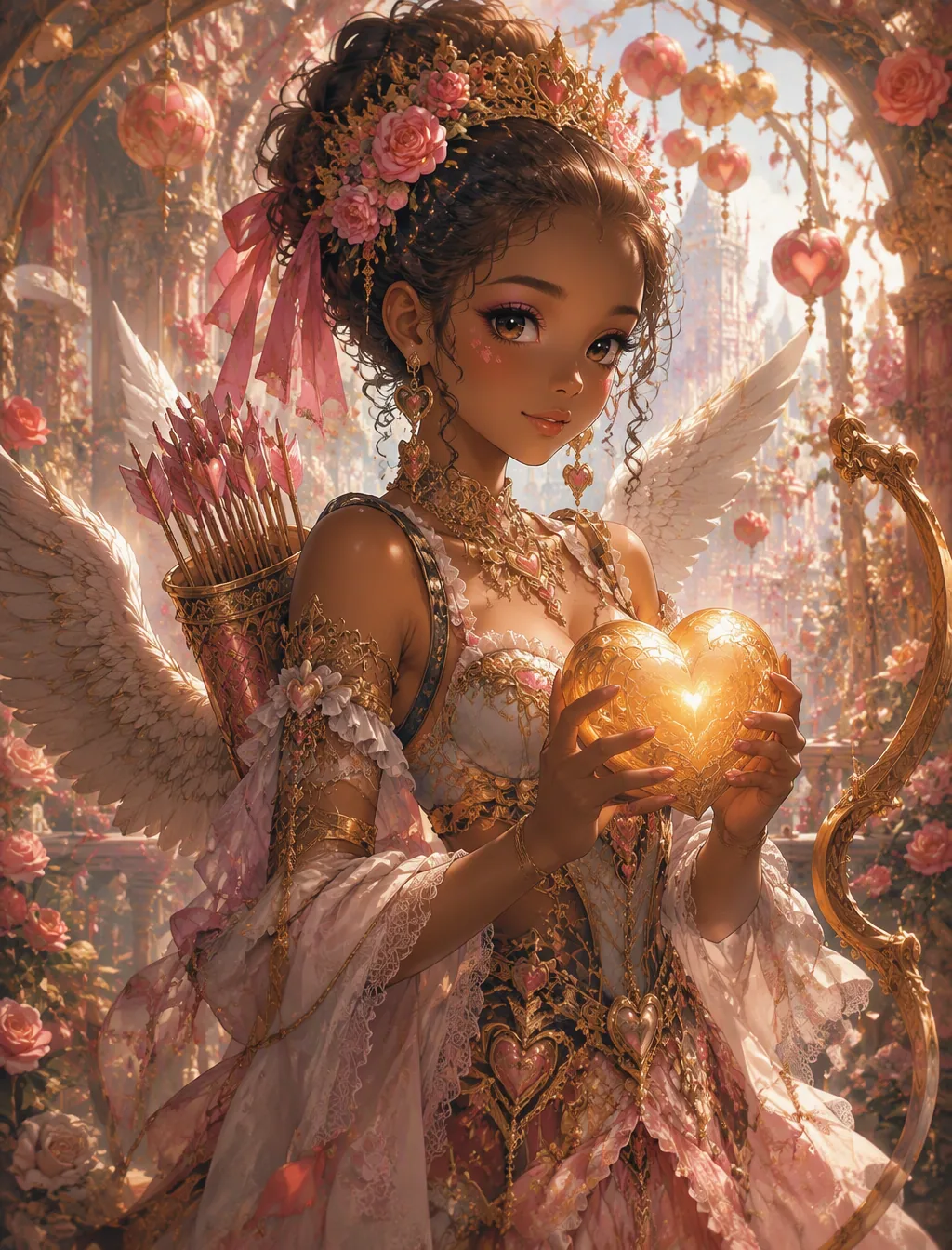 Subject and Character A breathtaking hyper-detailed anime-style African woman reimagined as a kawaii Cupid fi… - AI提示词参考图，来自西西提示词