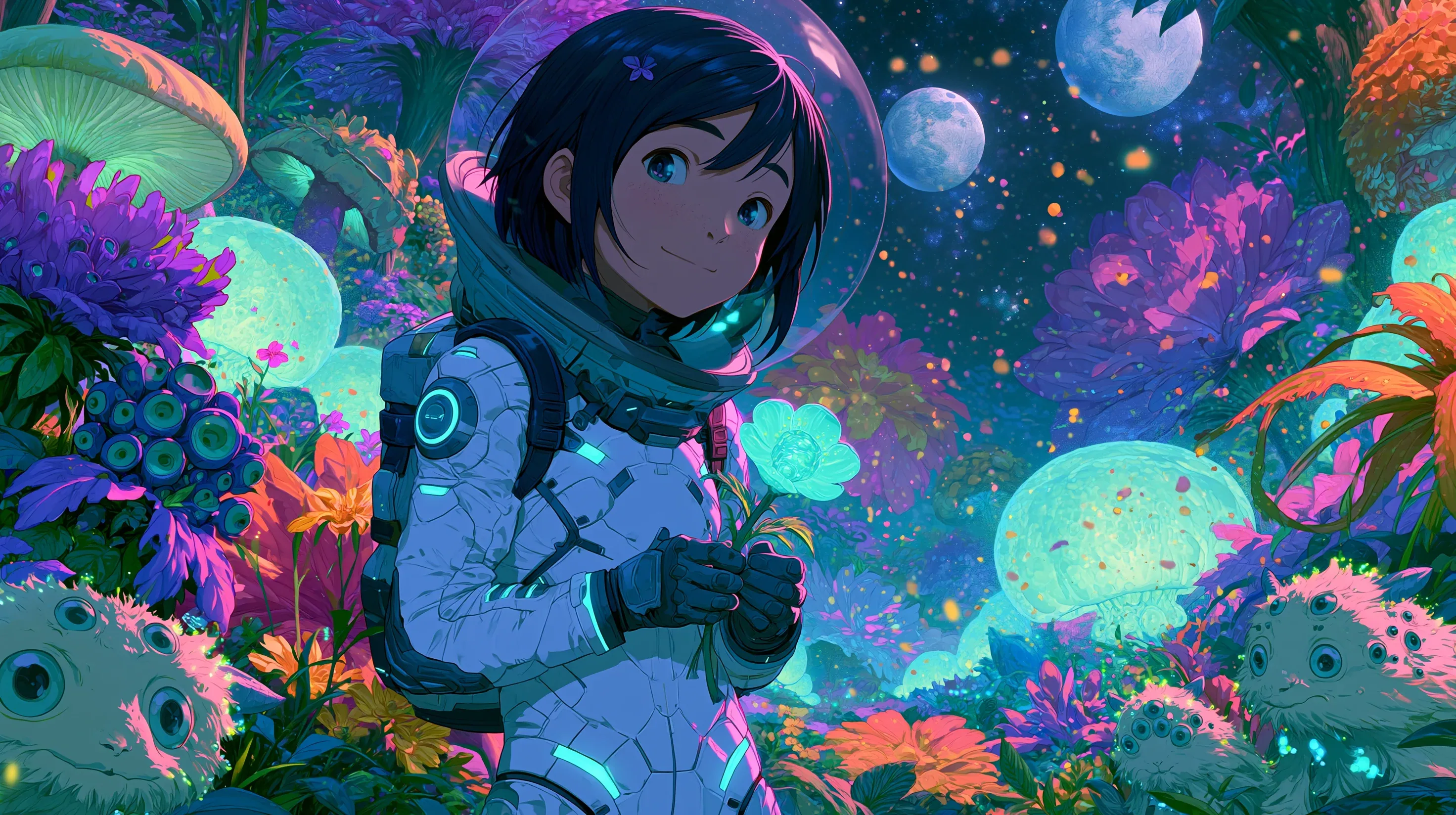 High quality masterpiece anime illustration of a peaceful female astronaut in a sleek, white high-tech space … - AI prompt reference from CC Prompt Galaxy