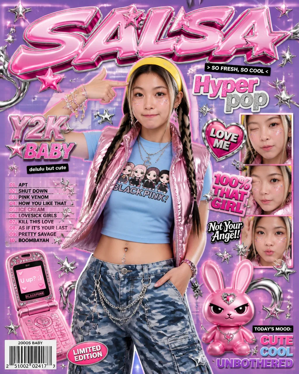 A vibrant Y2K hyper-pop aesthetic magazine cover / promotional poster, 2000s nostalgia style, featuring the c… - AI提示词参考图，来自西西提示词