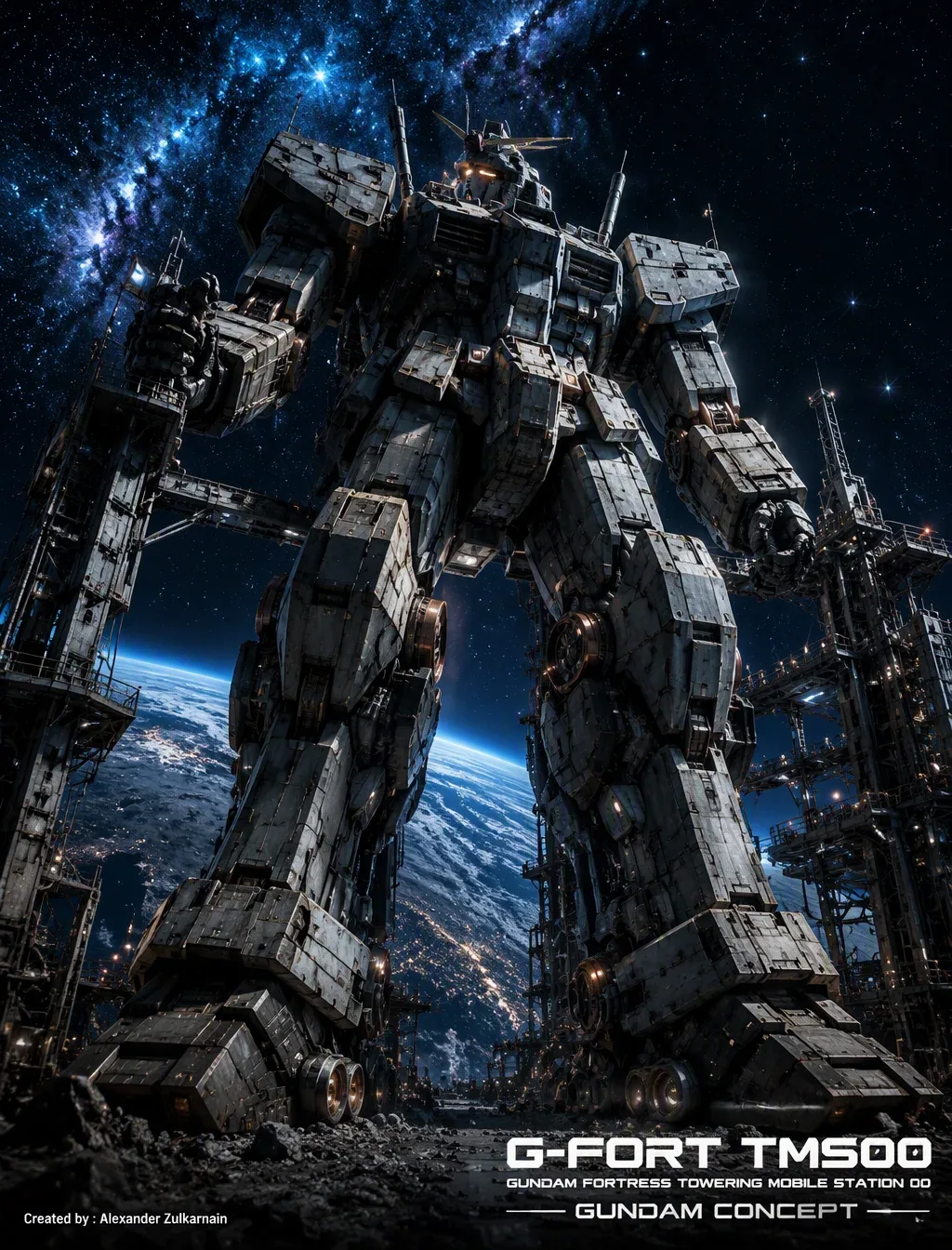 Colossal Mecha di Pangkalan Luar AngkasaSubjek Utama: Sebuah robot humanoid (mecha/Gundam) yang sangat masif,… - AI提示词参考图，来自西西提示词