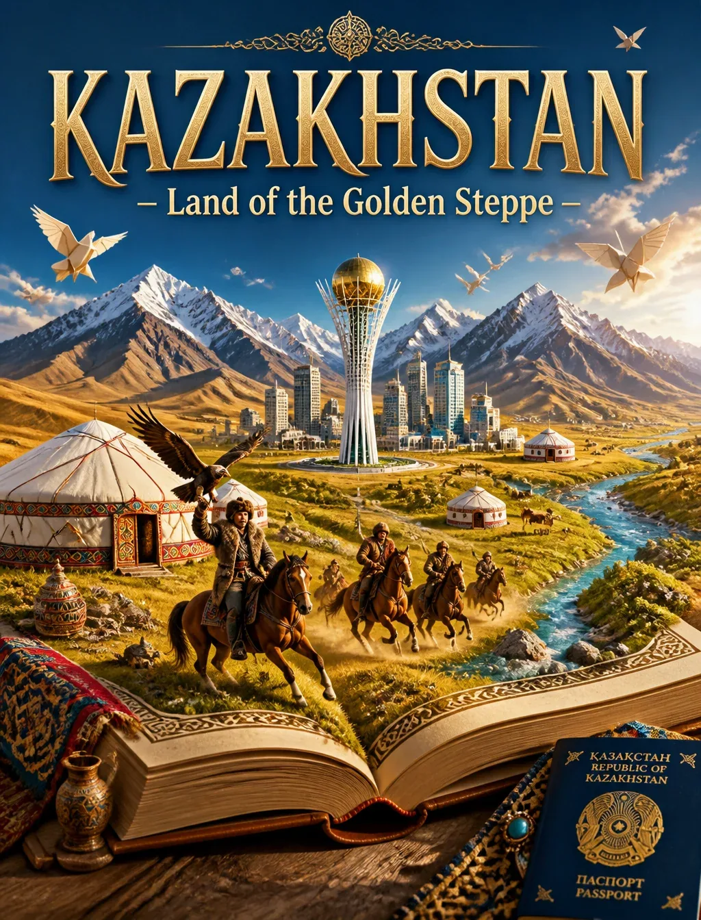 Creative travel poster illustration for Kazakhstan. An open magical storybook lies on a wooden table, from it… - AI提示词参考图，来自西西提示词