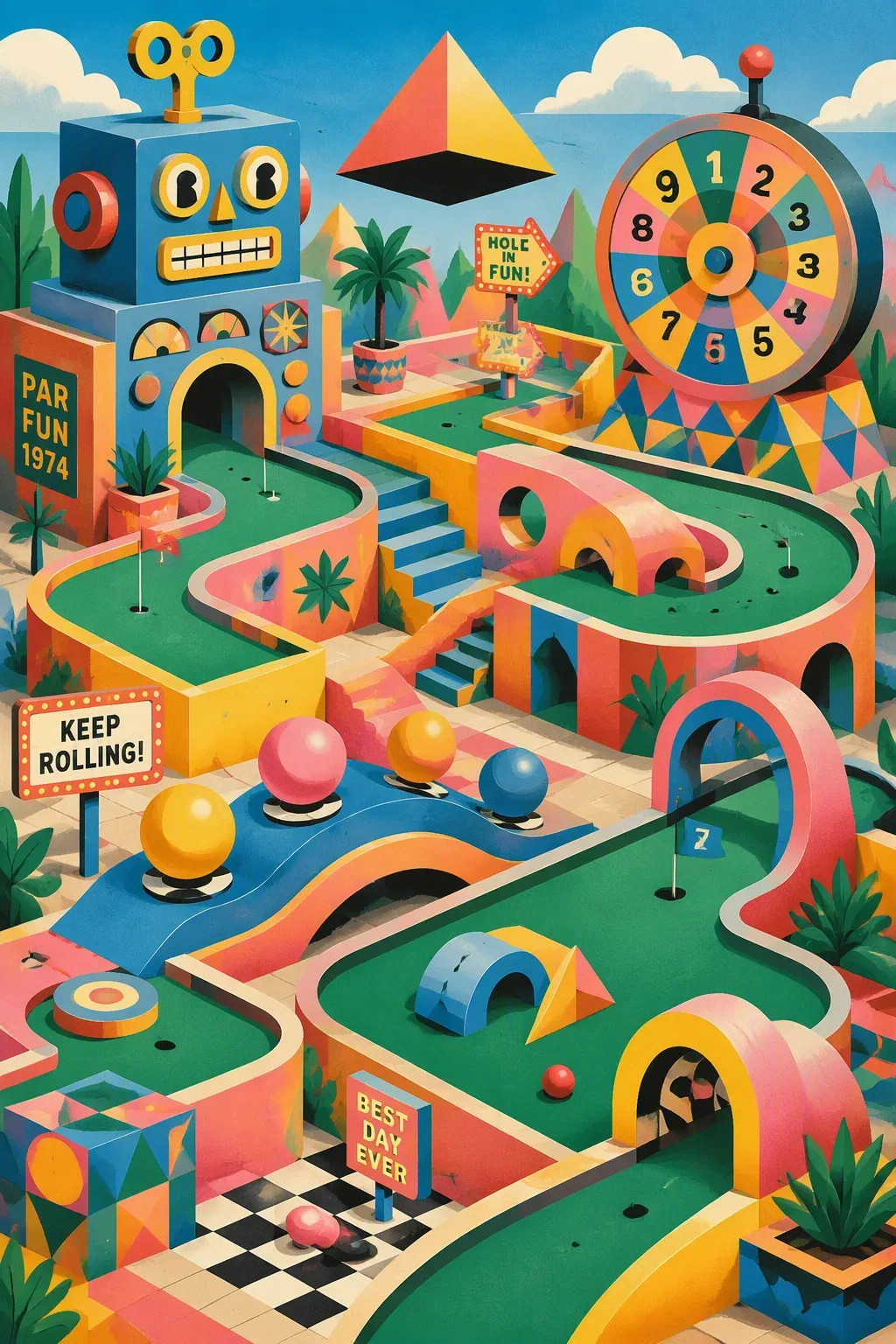 A colorful isometric illustration of an abstract, surrealist mini-golf course designed with 1970s pop-art geo… - AI提示词参考图，来自西西提示词