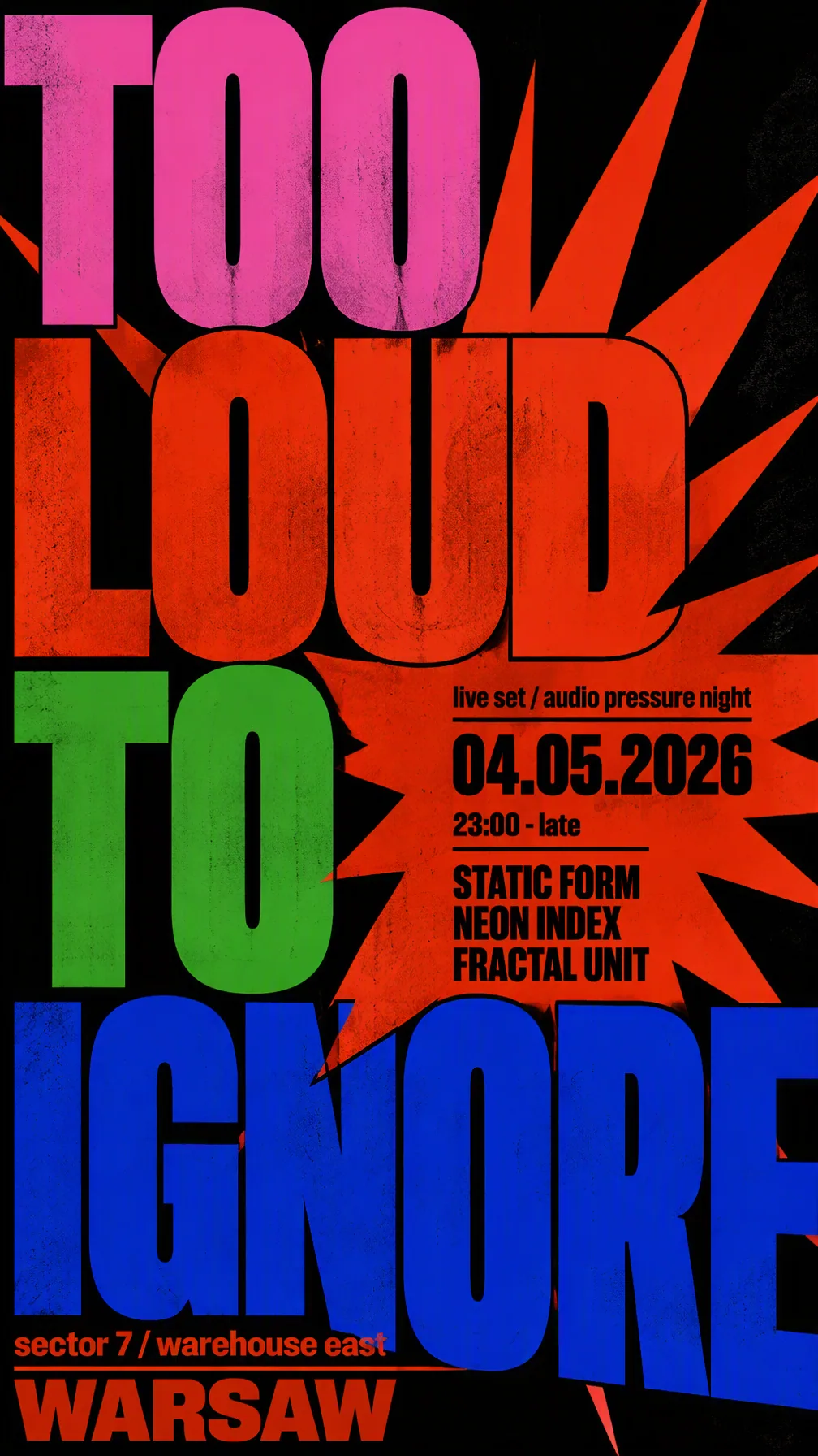 Bold graphic poster with large layered typography. High contrast colors (orange, red, pink, green, blue, blac… - AI提示词参考图，来自西西提示词