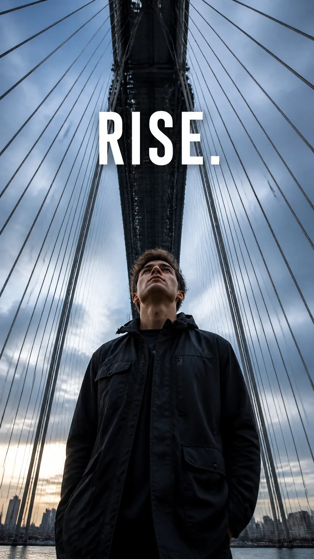 Premium editorial campaign. Main Subject: Young man standing beneath a gigantic suspension bridge. Creative D… - AI提示词参考图，来自西西提示词