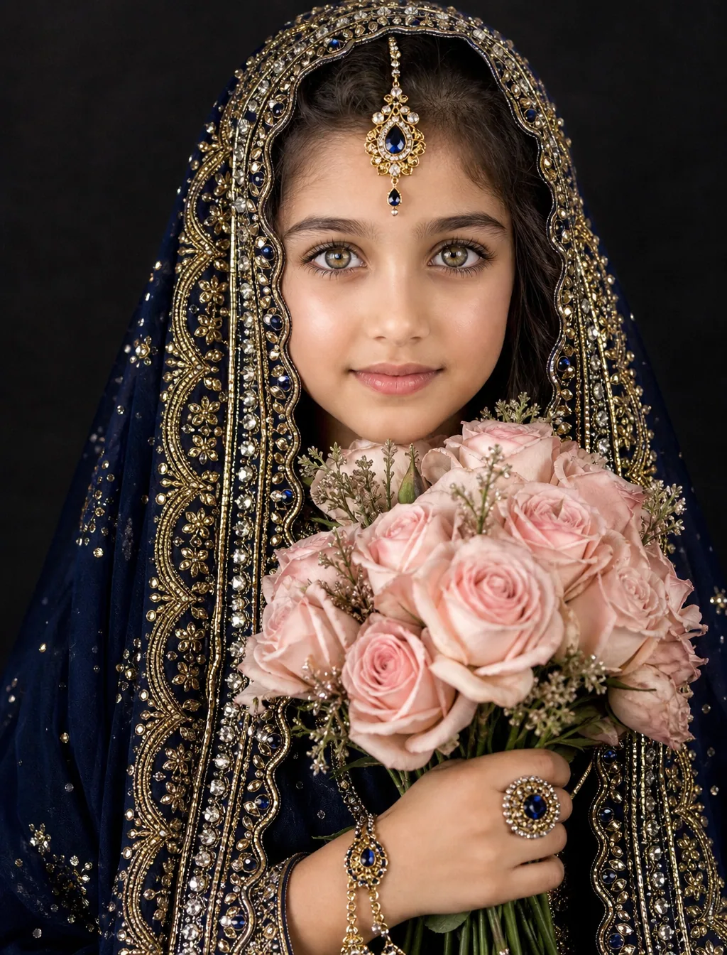 A hyper-realistic close-up portrait of a stunning South 10 years beautiful girl. She has luminous, warm-toned… - AI提示词参考图，来自西西提示词
