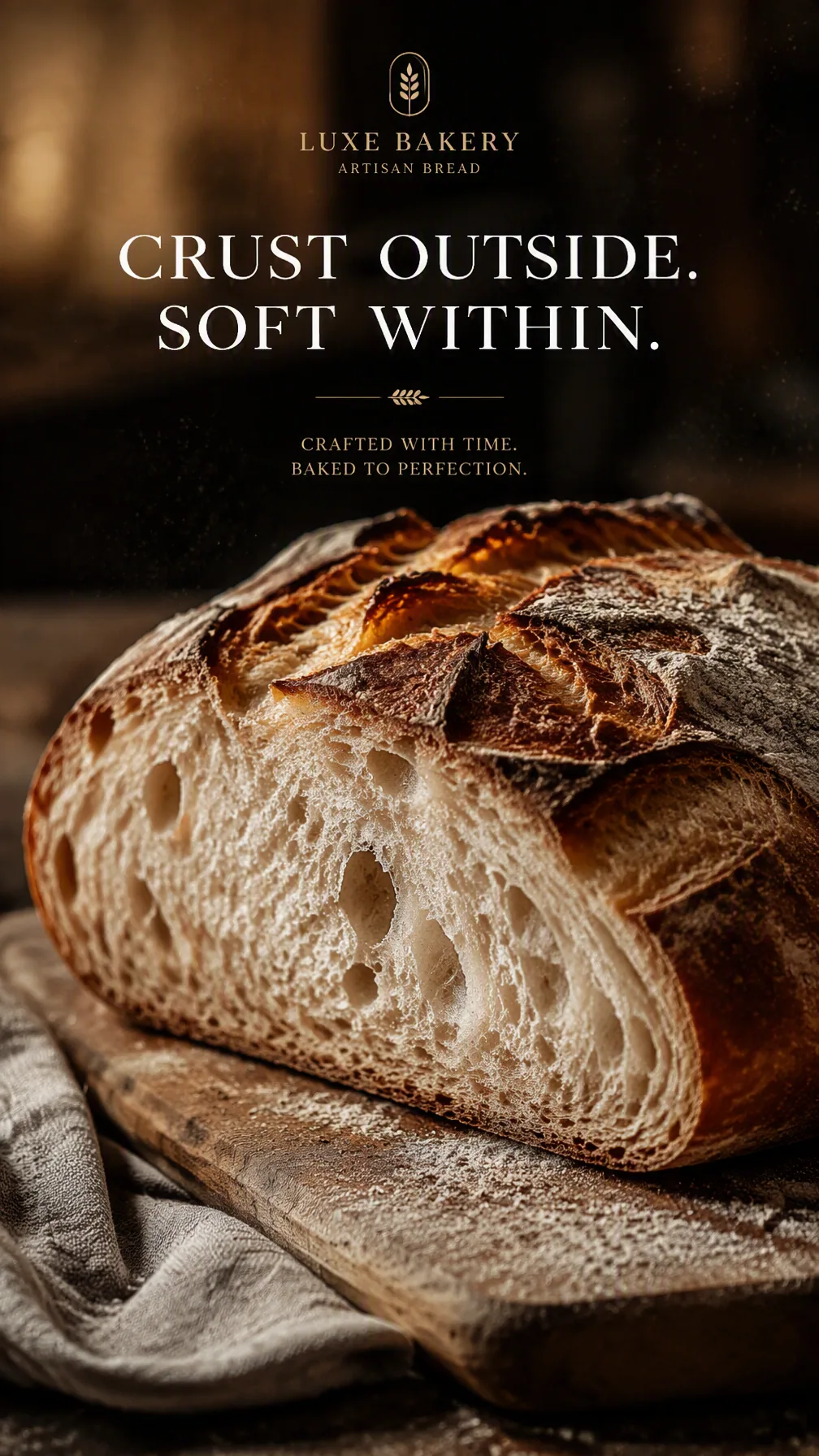Premium 4:5 advertising poster for a luxury bakery brand. A freshly baked loaf resting on a wooden board, wit… - AI提示词参考图，来自西西提示词