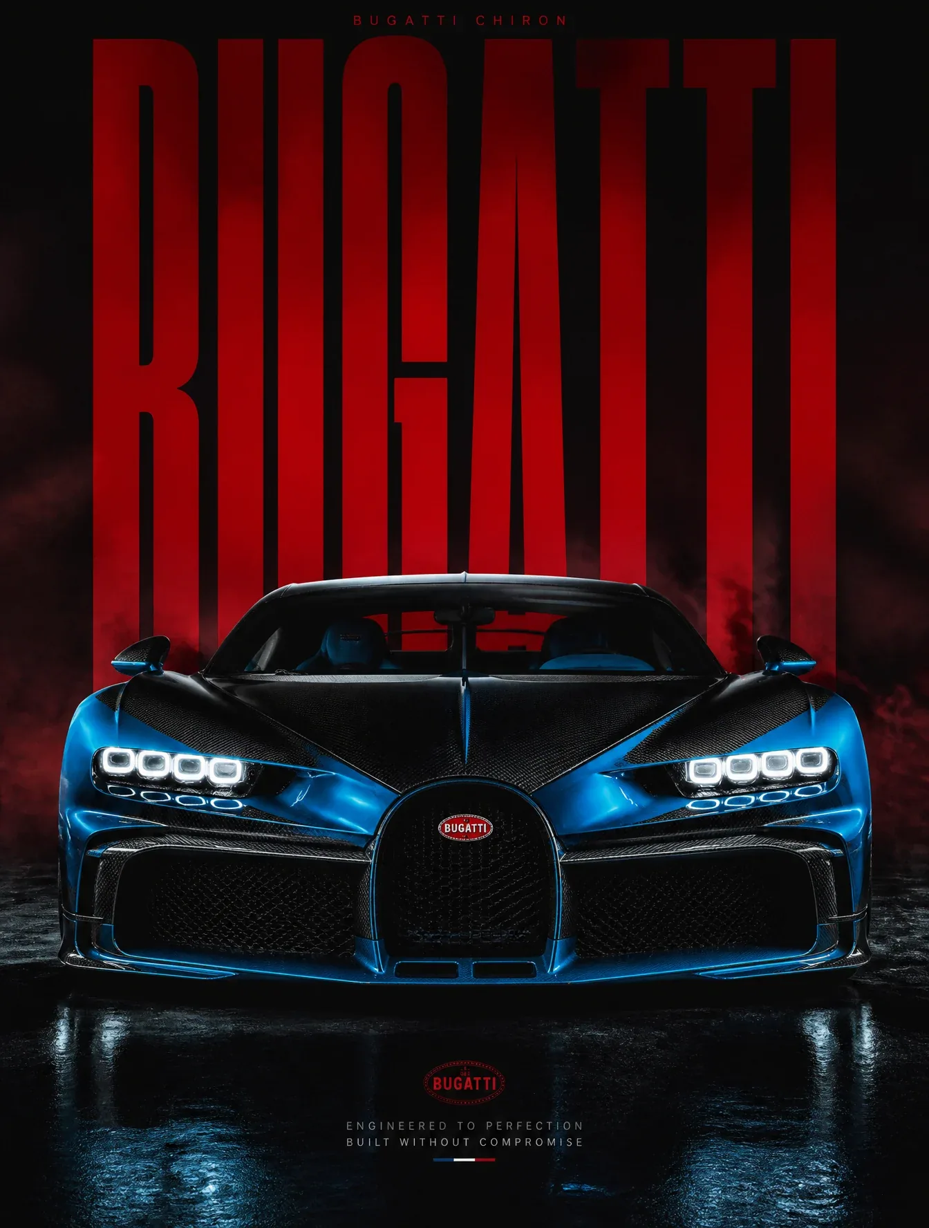 MASTERPIECE AUTOMOTIVE POSTER featuring a Bugatti Chiron positioned at the center of a dark studio environmen… - AI提示词参考图，来自西西提示词