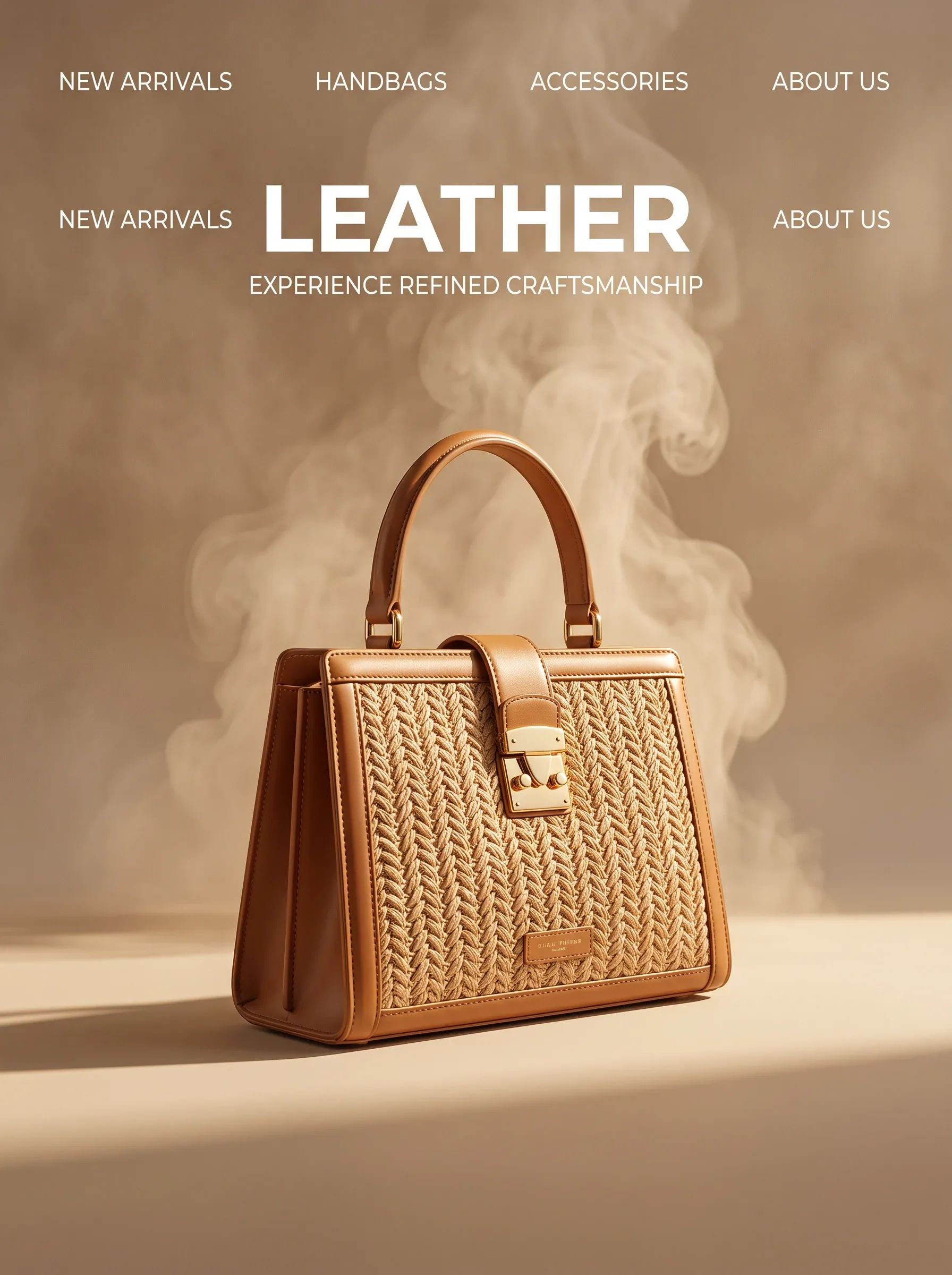 A structured tan leather handbag stands upright on a seamless beige studio surface, its rounded top handle, s… - AI提示词参考图，来自西西提示词
