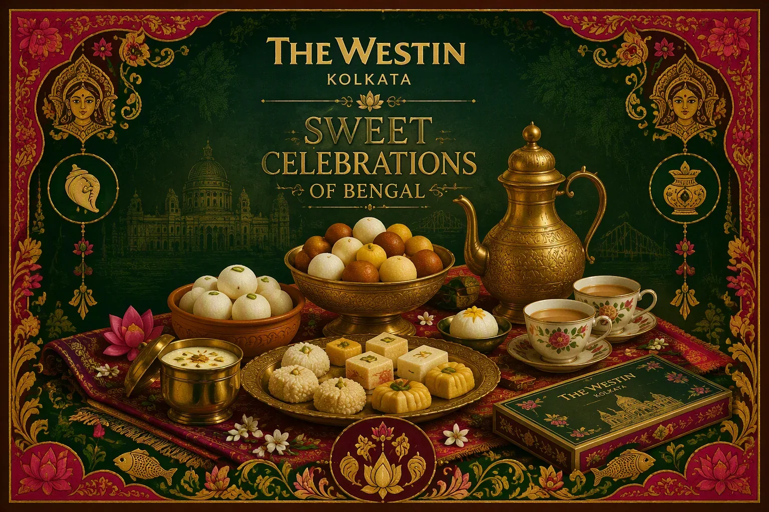 Create a luxurious square Bengali sweets and celebration artwork. Use a deep emerald-green background with ri… - AI prompt reference from CC Prompt Galaxy