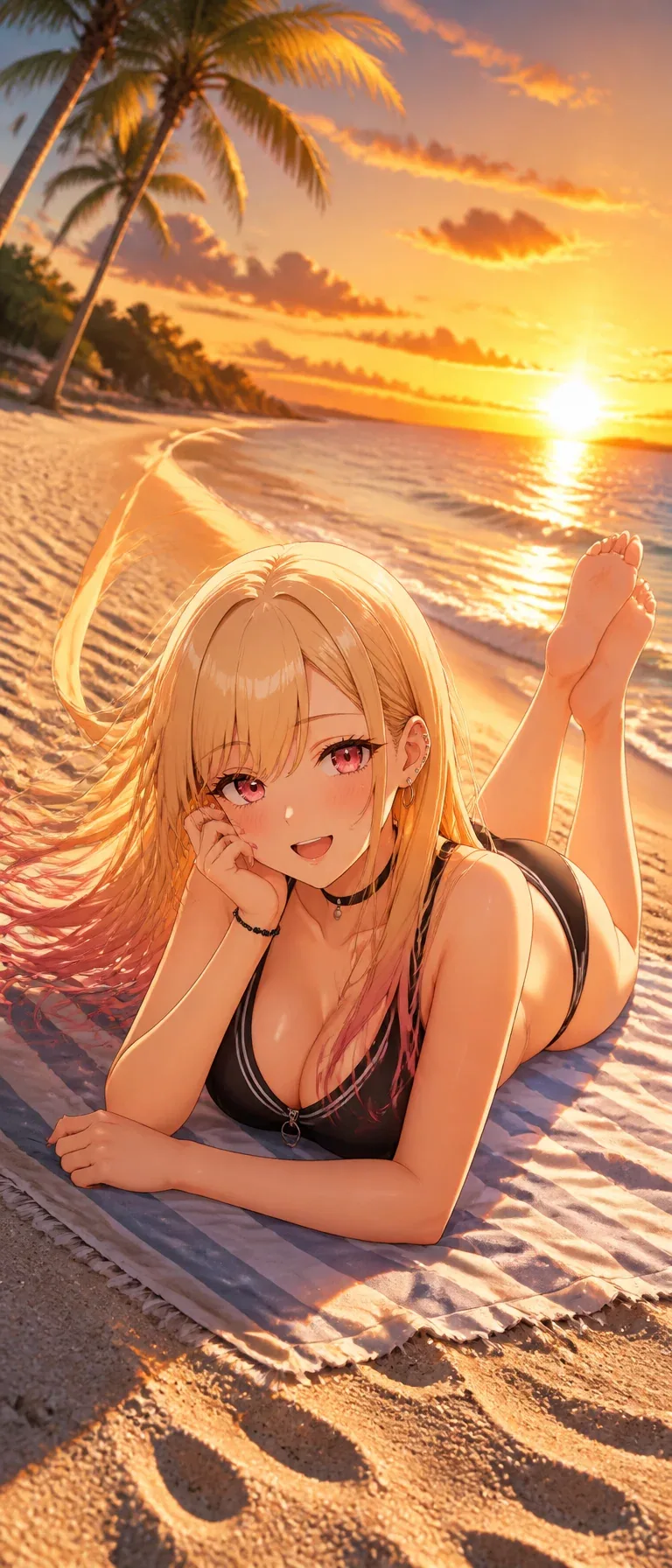 Marin Kitagawa de My Dress-Up Darling disfrutando de un día soleado en la playa. Está recostada boca abajo so… - AI prompt reference from CC Prompt Galaxy