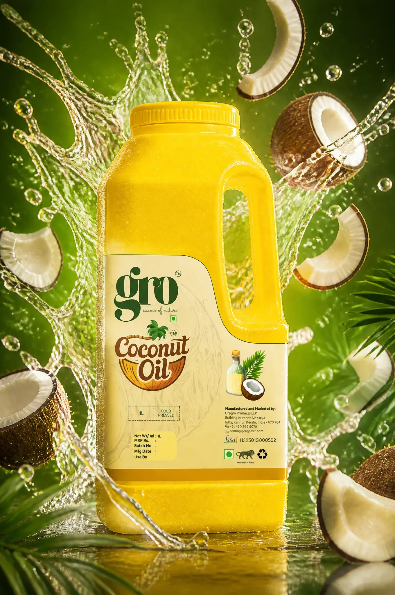 Hyper-realistic product advertisement of a Gro Coconut Oil Bottle with its brand green and coconut design, su… - AI提示词参考图，来自西西提示词