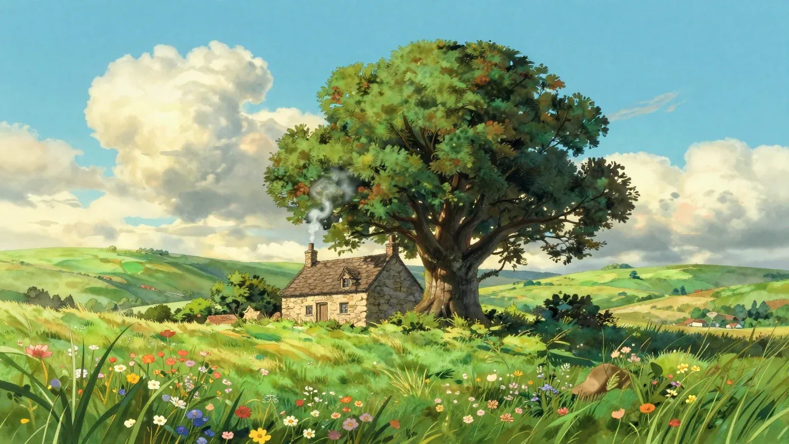 Subject and Action A quaint stone cottage nestled in a vibrant pastoral landscape, thin wisps of smoke curlin… - AI prompt reference from CC Prompt Galaxy