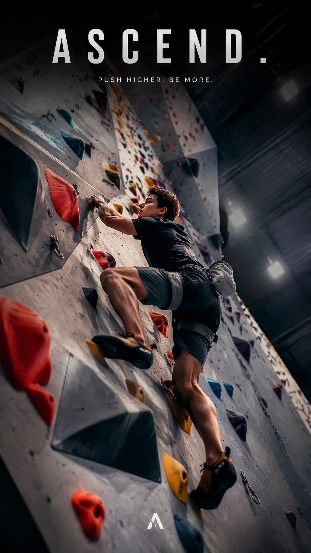 Create a premium 9:16 sports editorial portrait.Main Subject: Young male climber wearing a minimalist charcoa… - AI提示词参考图，来自西西提示词