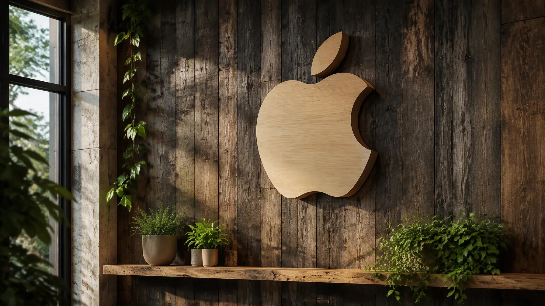 A large 3D light-wood Apple logo mounted on a vertical rustic dark-stained reclaimed timber wall, accompanied… - AI提示词参考图，来自西西提示词