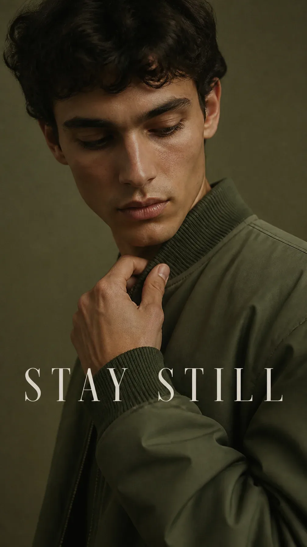 Luxury editorial portrait. Main Subject: Young male model wearing a muted olive bomber jacket. Pose: Looking … - AI prompt reference from CC Prompt Galaxy