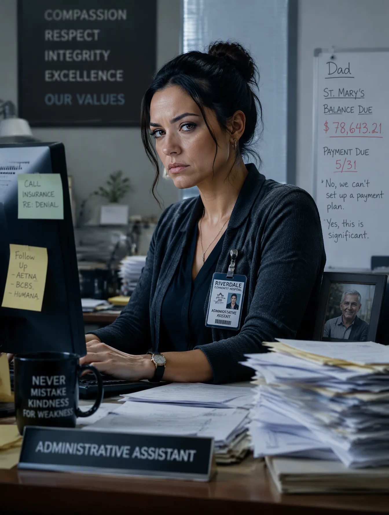 A sharp, guarded hospital administrative assistant drowning in her late father's medical debt. Fiercely indep… - AI提示词参考图，来自西西提示词