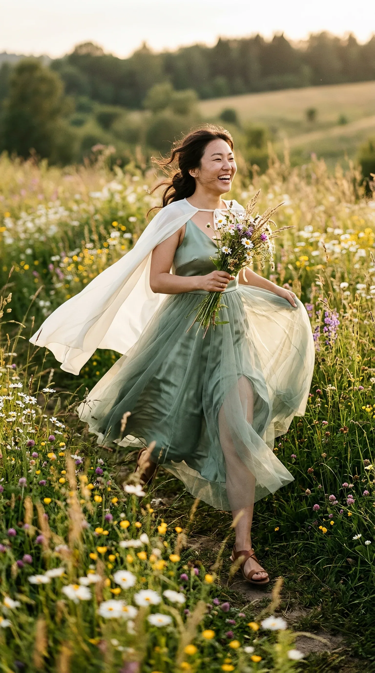 Subject: [adult East Asian woman / character] Outfit: [sage-green satin dress with layered sheer tulle and an… - AI提示词参考图，来自西西提示词